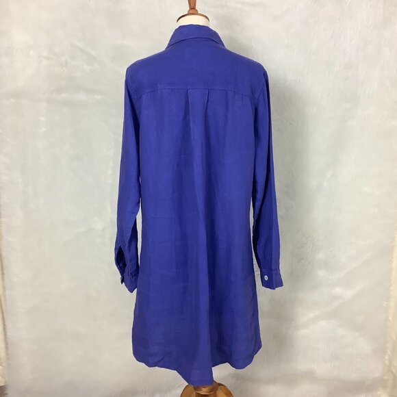 Haris Cotton Blue Long Sleeve Button Front 100% Linen Roll Tab Sleeve Dress L - Picture 4 of 8
